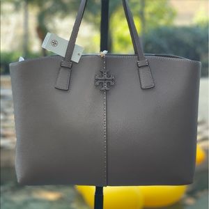 TORY BURCH MCGRAW TOTE SILVER MAPLE